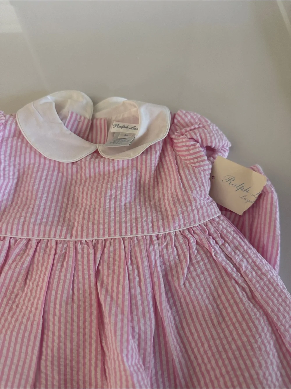 NWT Ralph Lauren Pink and White Striped Baby Dress with Eyelet Trim